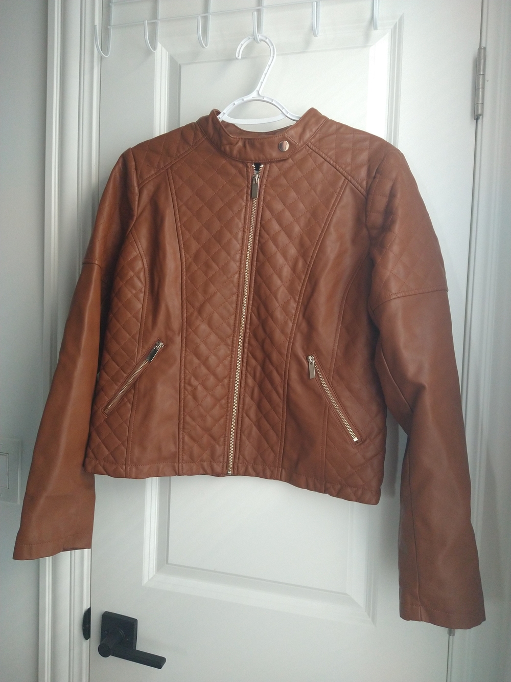 New York & Company Quilted Tan Faux Leather Moto Jacket